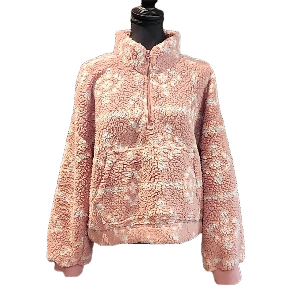 Hippie Rose Sherpa 3/4 quarter Zip Pullover Pink And White Size XL EUC